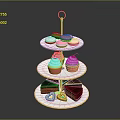 Three Tier Display Shelf With Macarons Cupcakes Chocolate And Heart Shaped Cookies