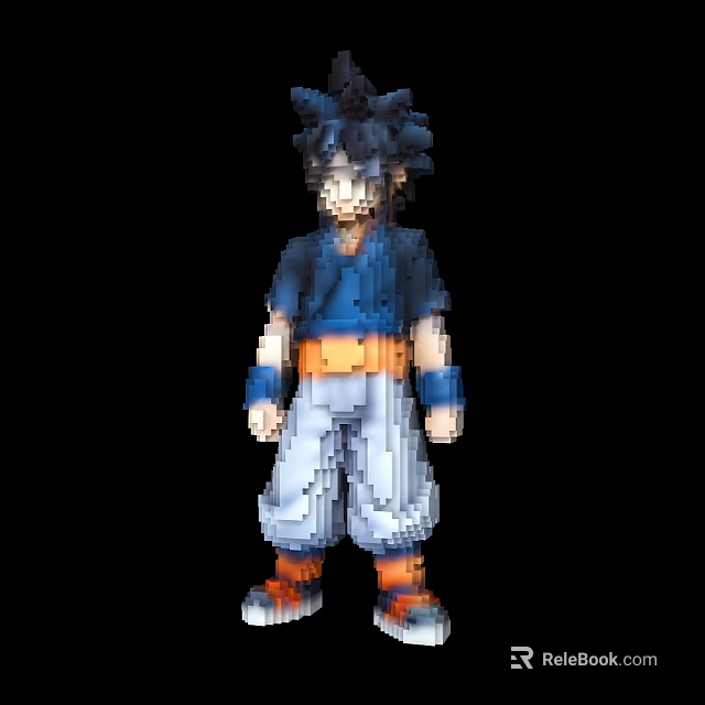 Pixel Style Anime Doll with Blue Shirt Orange Belt White Pants Orange Shoes Dark Hair 3d model 