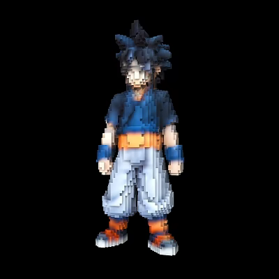 Pixel Style Anime Doll with Blue Shirt Orange Belt White Pants Orange Shoes Dark Hair 3d model