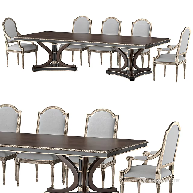 Elegant Dark Wood Dining Table Set With Gray Upholstered Chairs And Metal Accents 3d model 