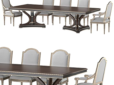 Elegant Dark Wood Dining Table Set With Gray Upholstered Chairs And Metal Accents 3d model