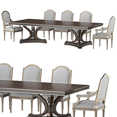 Elegant Dark Wood Dining Table Set With Gray Upholstered Chairs And Metal Accents 3d model