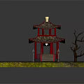 Cartoon Scenic Scene With Red Pavilion Red Bridge Stream Grass And Withered Tree