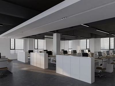 Modern Public Office Space with Workstations Computers White Partitions and Windows 3d model