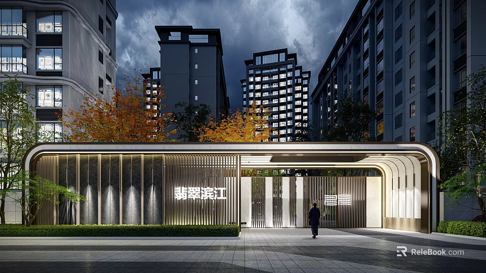 Modern Residential Community Entrance Gate At Night With Lighting And Buildings 3d model 