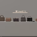 Minot Li Brand Various Style Bags In Different Colors On White Wall Shelf