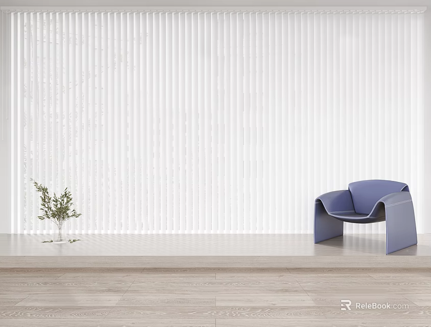 White Vertical Curtains In Modern Minimalist Room With Blue Chair And Wooden Floor 3d model 