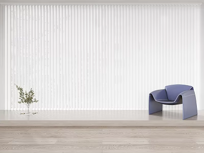 White Vertical Curtains In Modern Minimalist Room With Blue Chair And Wooden Floor 3d model