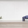 White Vertical Curtains In Modern Minimalist Room With Blue Chair And Wooden Floor
