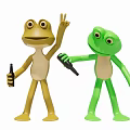 Game And Movie Cartoon Frog Characters Yellow Green Holding Bottles With V Sign