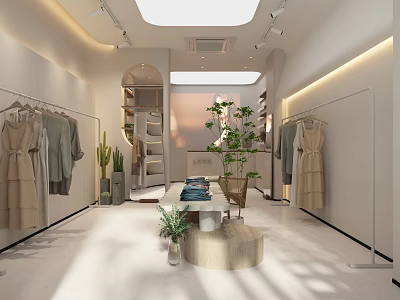 Modern Bright Clothing Store Interior With Clothes Racks Green Plants Display Table And Staircase 3d model