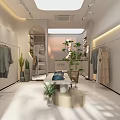 Modern Bright Clothing Store Interior With Clothes Racks Green Plants Display Table And Staircase