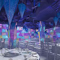 Elegant Banquet Hall With Geometric Ceiling Colorful Glass Walls Hanging Chandeliers And Round Dining Tables