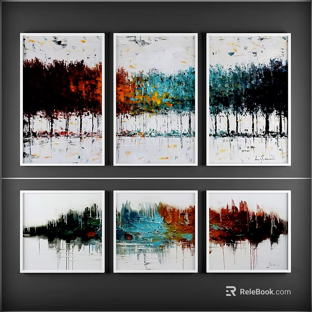 Colorful Abstract Paintings With Tree Silhouettes Drip Paint And Vibrant Hues 3d model 
