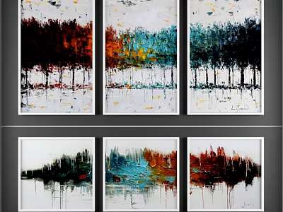 Colorful Abstract Paintings With Tree Silhouettes Drip Paint And Vibrant Hues 3d model
