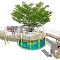Playground Equipment With Wooden Walkway Tree Circular Platform Swings Yellow Pillars And Slide