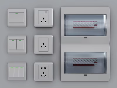 Modern White Switch Panels And Distribution Box With Single Double Triple Switches And Sockets 3d model