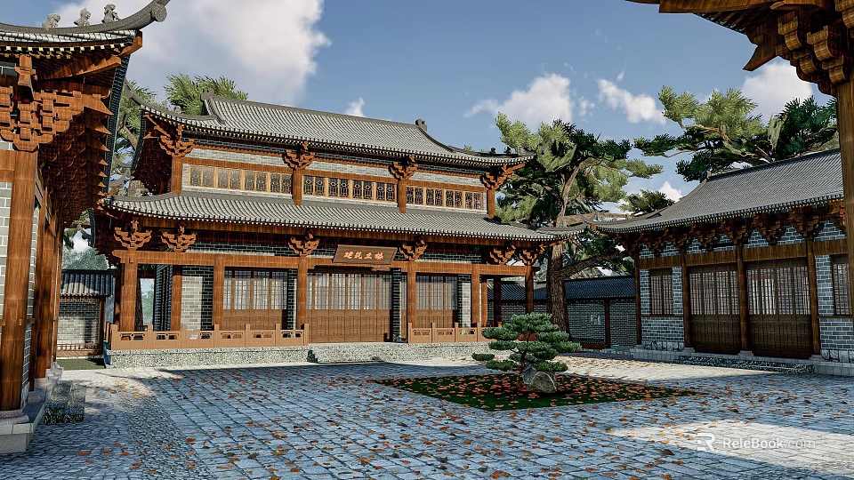 Traditional Chinese Ancient Architecture Featuring Classic Wooden Roof Courtyard And Stone Pavement Design 3d model 
