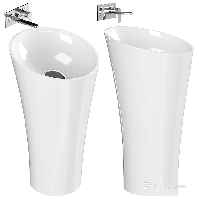 Two White Modern Ceramic Pedestal Washbasins With Sleek Surface Design 3d model