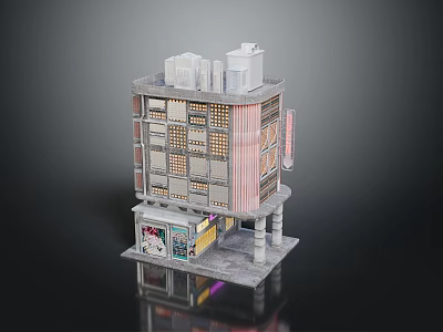 Colorful Cartoon Multi Story Building With Grid Windows Ground Floor Shop Front And Decorative Columns 3d model