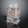 Colorful Cartoon Multi Story Building With Grid Windows Ground Floor Shop Front And Decorative Columns