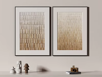 Framed Abstract Paintings With Striped Texture Beige Light Brown Gradient Black Frames And Small Ornaments 3d model