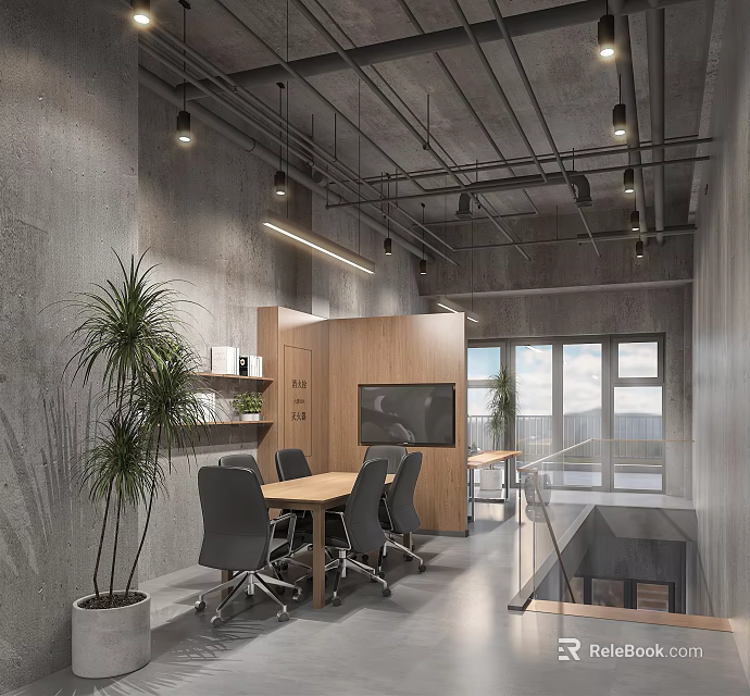 Modern Industrial Office Featuring Concrete Walls Wooden Partition Meeting Table Gray Chairs Plants And Windows 3d model 