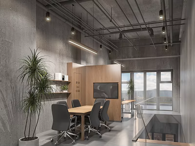 Modern Industrial Office Featuring Concrete Walls Wooden Partition Meeting Table Gray Chairs Plants And Windows 3d model