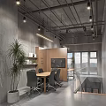 Modern Industrial Office Featuring Concrete Walls Wooden Partition Meeting Table Gray Chairs Plants And Windows