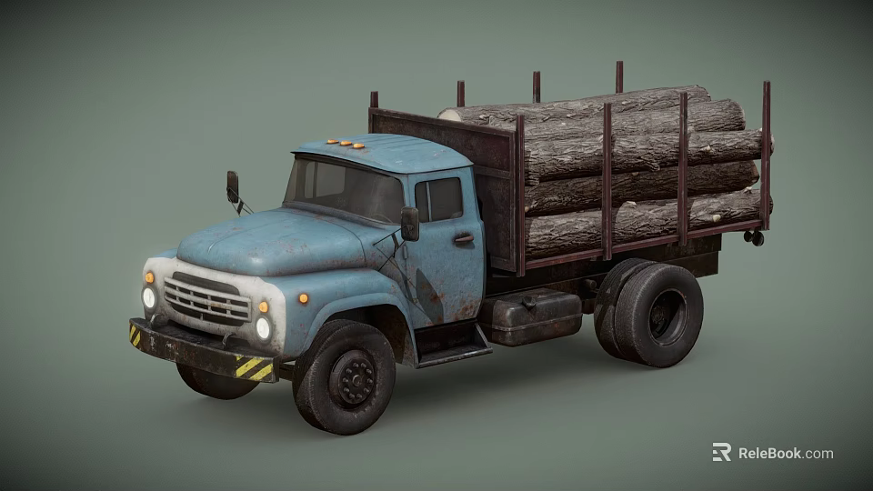 Old Blue Truck Loaded With Stacked Wood Logs For Building Materials 3d model 