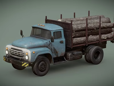 Old Blue Truck Loaded With Stacked Wood Logs For Building Materials 3d model