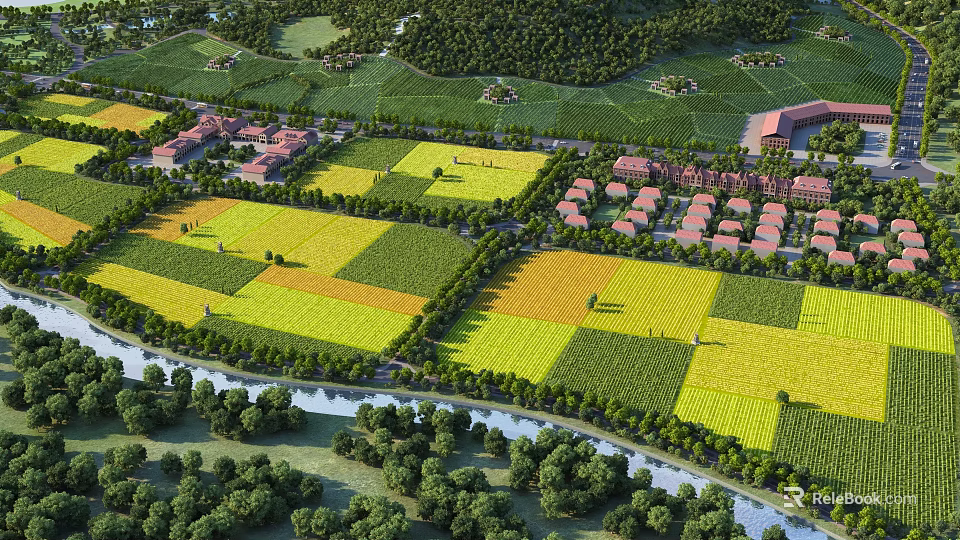 Scenic Aerial View of Colorful Farm Fields with River Trees and Village Buildings 3d model 