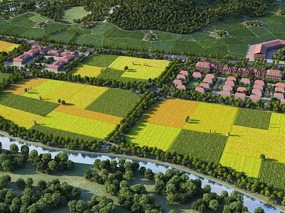 Scenic Aerial View of Colorful Farm Fields with River Trees and Village Buildings 3d model