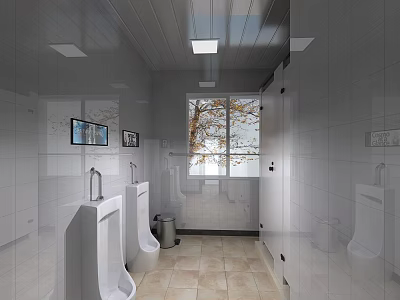 Clean Public Restroom Interior With White Tiled Walls Urinals Toilets And Window 3d model