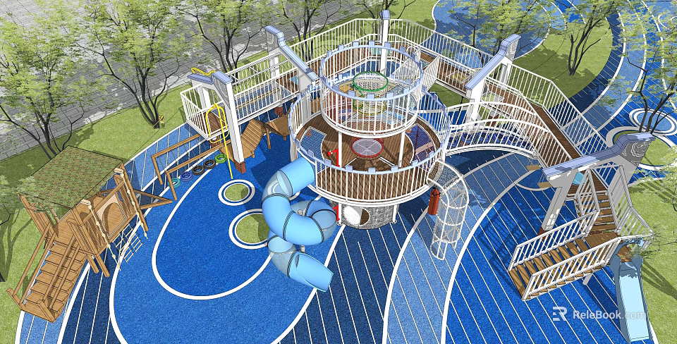 Outdoor Playground Equipment With Multi Level Structure Blue Slide And Blue Floor Surrounded By Trees 3d model