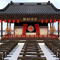 Ancient Chinese Architecture Theater Stage With Traditional Roof Red Lanterns And Wooden Benches