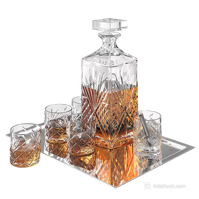 Elegant Crystal Decorative Ornament Set With Decanter Glasses And Metal Tray 3d model 