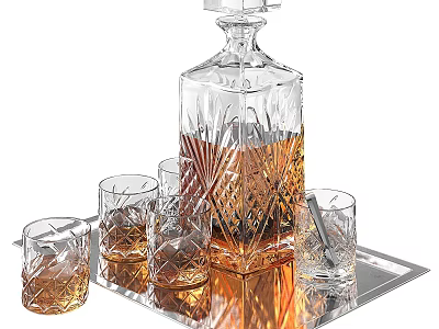Elegant Crystal Decorative Ornament Set With Decanter Glasses And Metal Tray 3d model