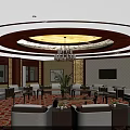 Elegant Conference Room With Mahogany Decor Circular Chandelier And Wall Paintings