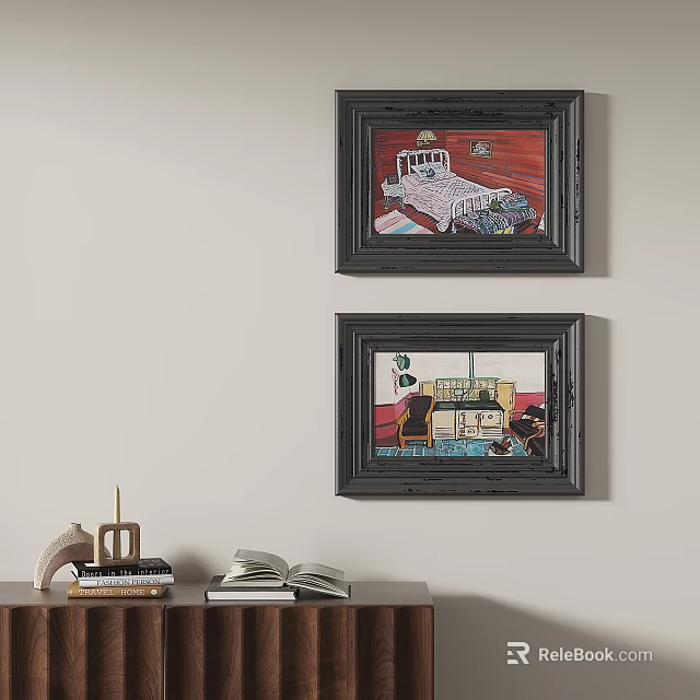 Framed Oil Paintings Hanging On Wall With Table Books And Decorative Objects Below 3d model