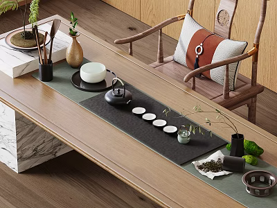 Elegant Chinese Tea Set On Wooden Teatable With Teapot Teacups And Natural Decor Elements 3d model