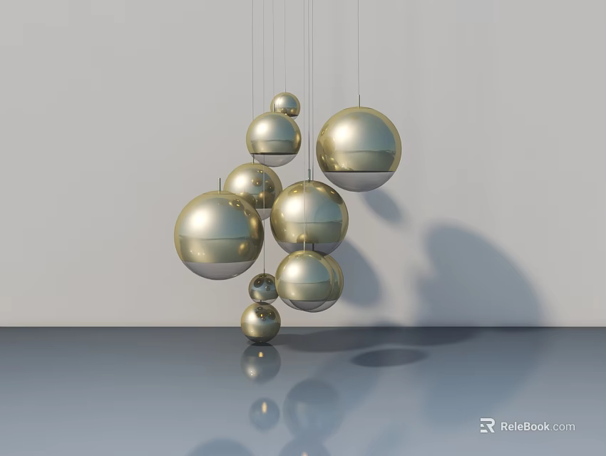Golden Sphere Chandelier Hanging in Modern Interior with White Background and Reflective Floor Surface 3d model 