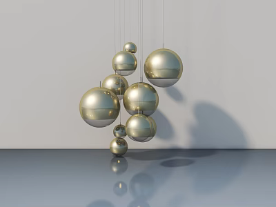 Golden Sphere Chandelier Hanging in Modern Interior with White Background and Reflective Floor Surface 3d model