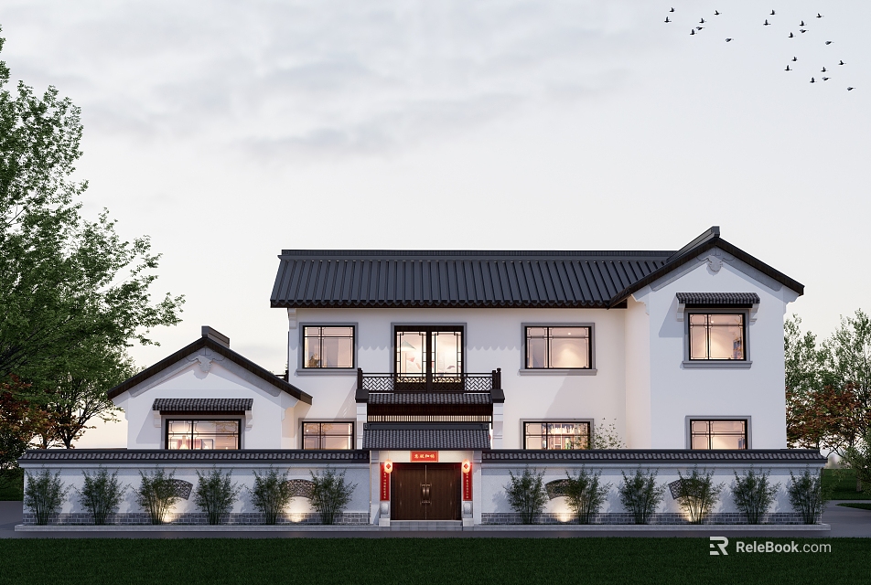 Chinese Style Detached Villa Exterior With White Walls Black Roof And Red Door 3d model 
