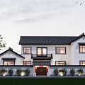Chinese Style Detached Villa Exterior With White Walls Black Roof And Red Door