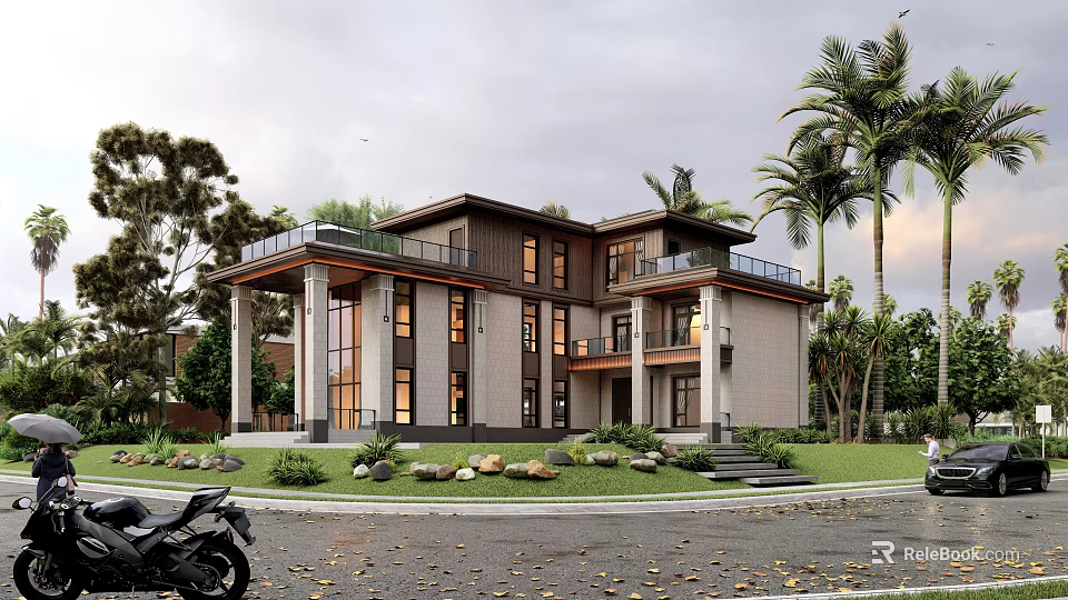 Modern Two Story Detached Villa Featuring Large Windows Greenery Palm Trees Front Porch and Driveway 3d model 