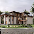Modern Two Story Detached Villa Featuring Large Windows Greenery Palm Trees Front Porch and Driveway
