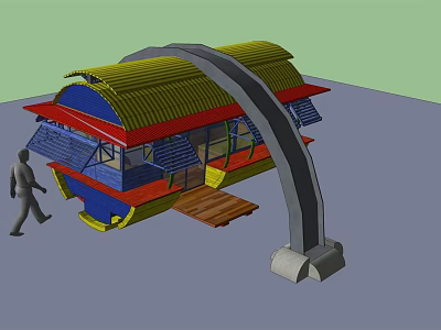 Colorful Architectural Structure With Archway Yellow Roof Blue Red Walls Wooden Platform And Walking Figure 3d model