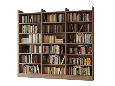 Wooden Bookshelf with Multiple Shelves Filled with Various Books and Decorative Items 3d model