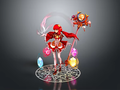 Red Haired Female Character With Magical Staff And Fantasy Creature In Magic Circle 3d model